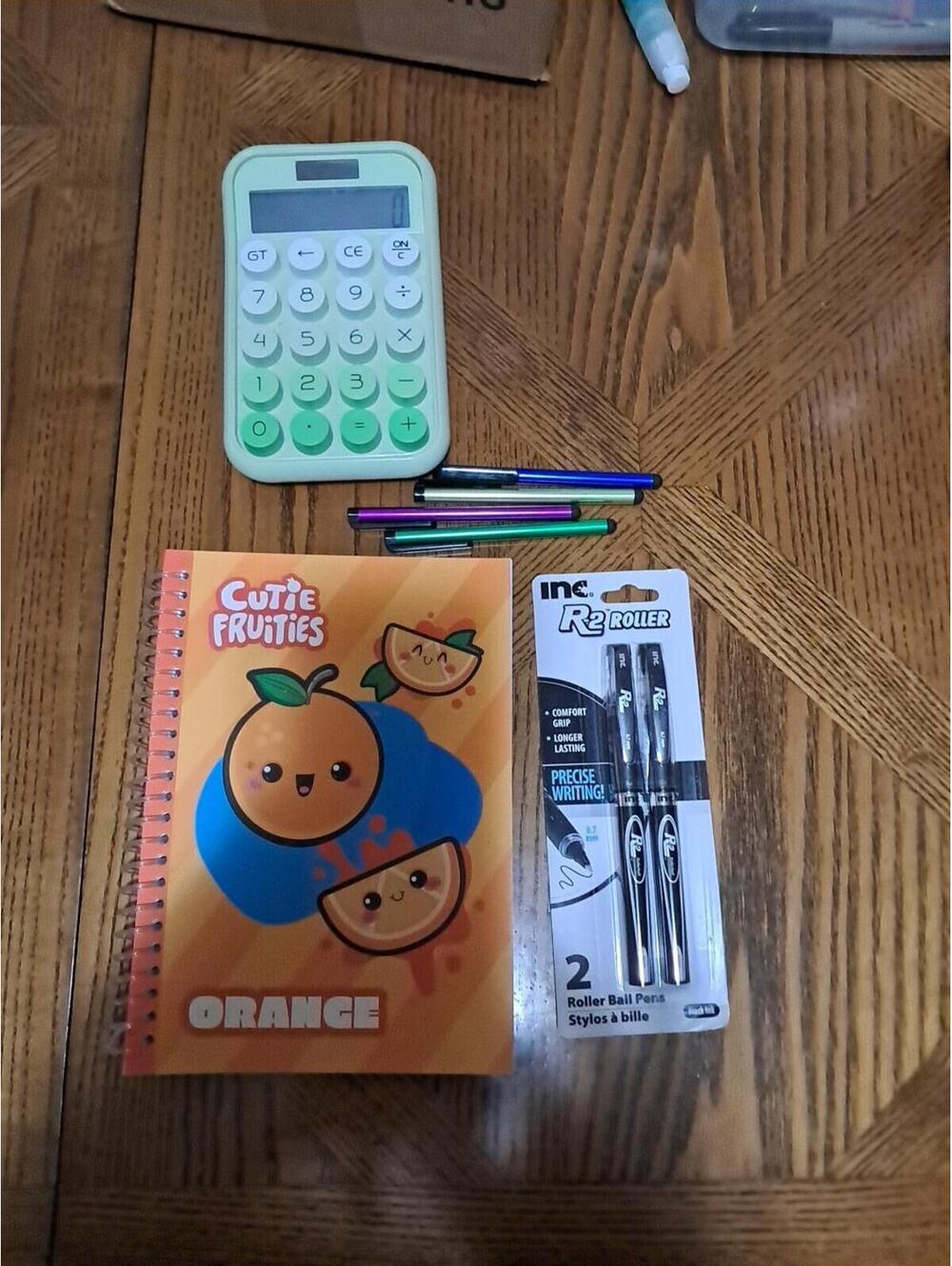 Lot Of Stationary Sketch/note Book 4 Stylis' Roller Pens And Green Calculator